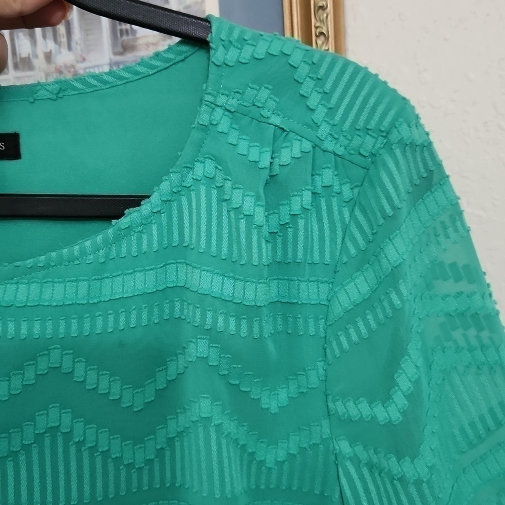 Green Knit Talbots Blouse Sheer sleeve Abstract Pattern Medium career party - Picture 6 of 8